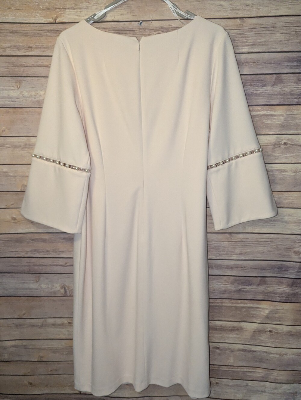 Calvin Klein Womens 14W Blush Pink Sheath Dress Pearl Trim Bell Sleeve Plus Size - Picture 2 of 5